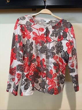 Garnet Hill Floral Button-Front Cardigan in Red & Gray